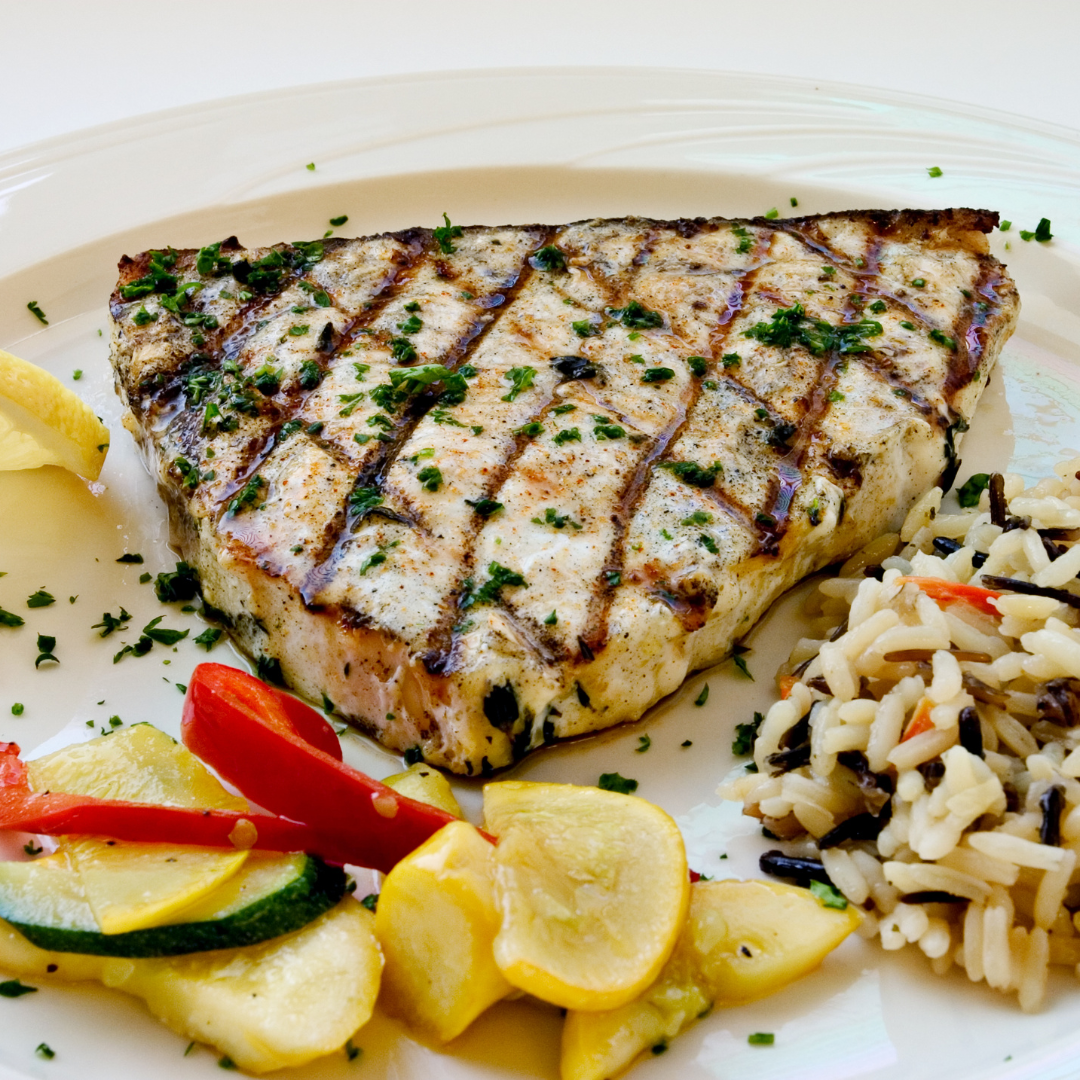 Nova Scotia Swordfish Chops with Herb Butter and Roasted Vegetables