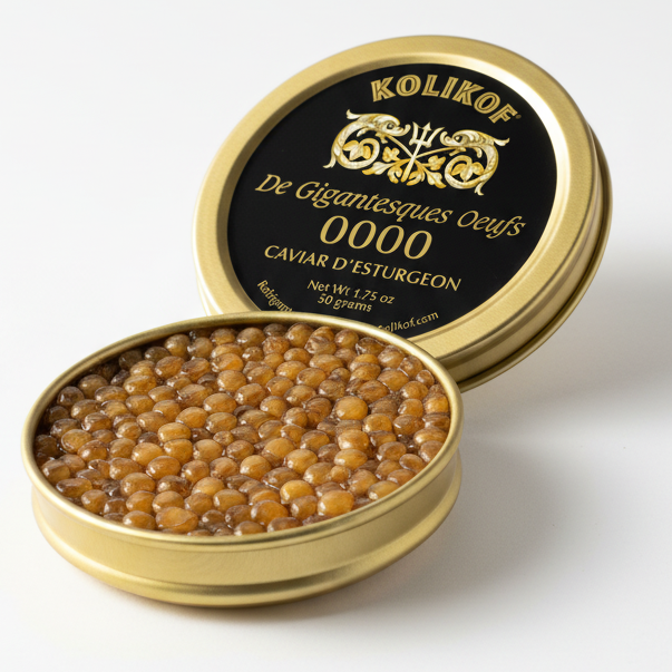 Open tin of caviar with 'Koliikof' branding on a white background